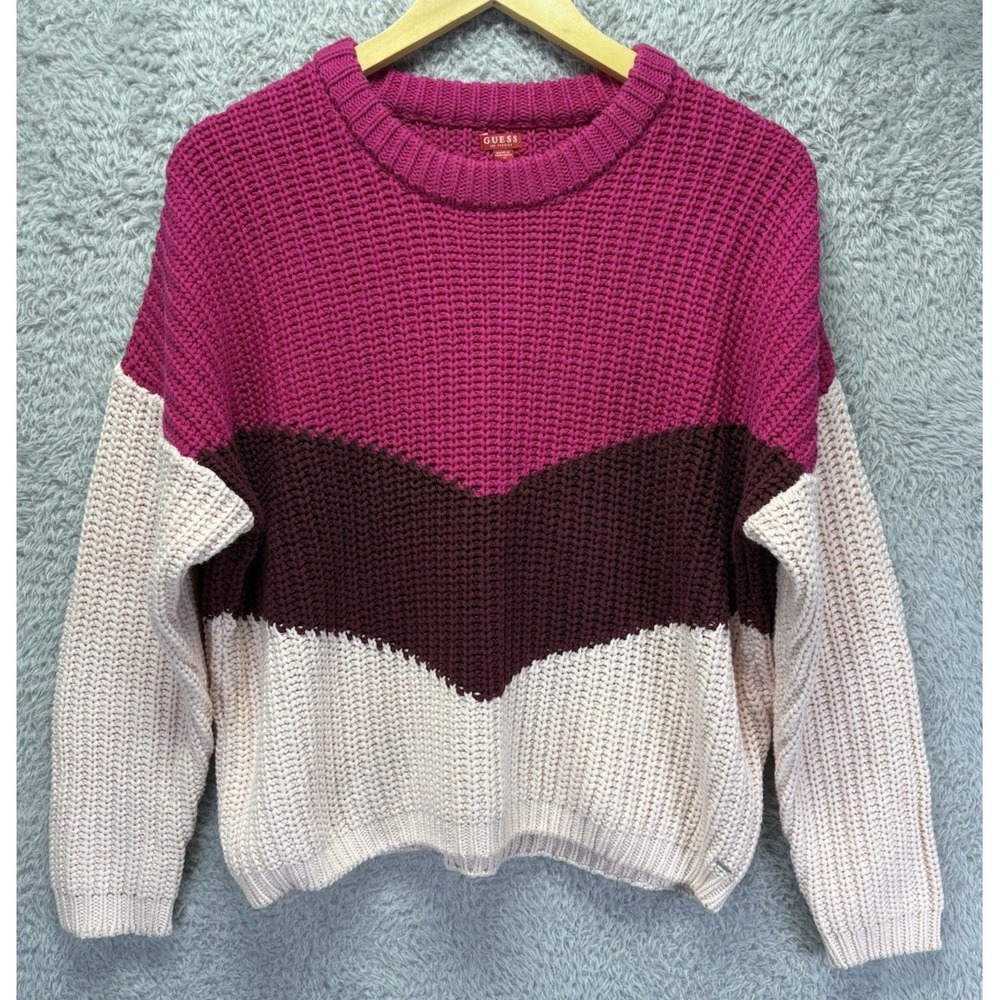 GUESS Womens S Pink Brown Colorblock Chunky Knit Sweater Oversized Y2K Cozy